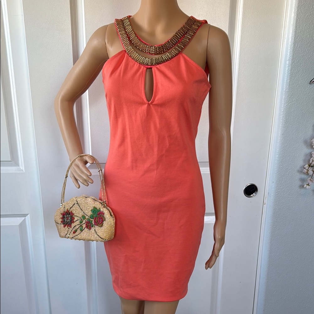 Y2K Charlotte Russe coral pink bodycon mini dress S statement necklace built in